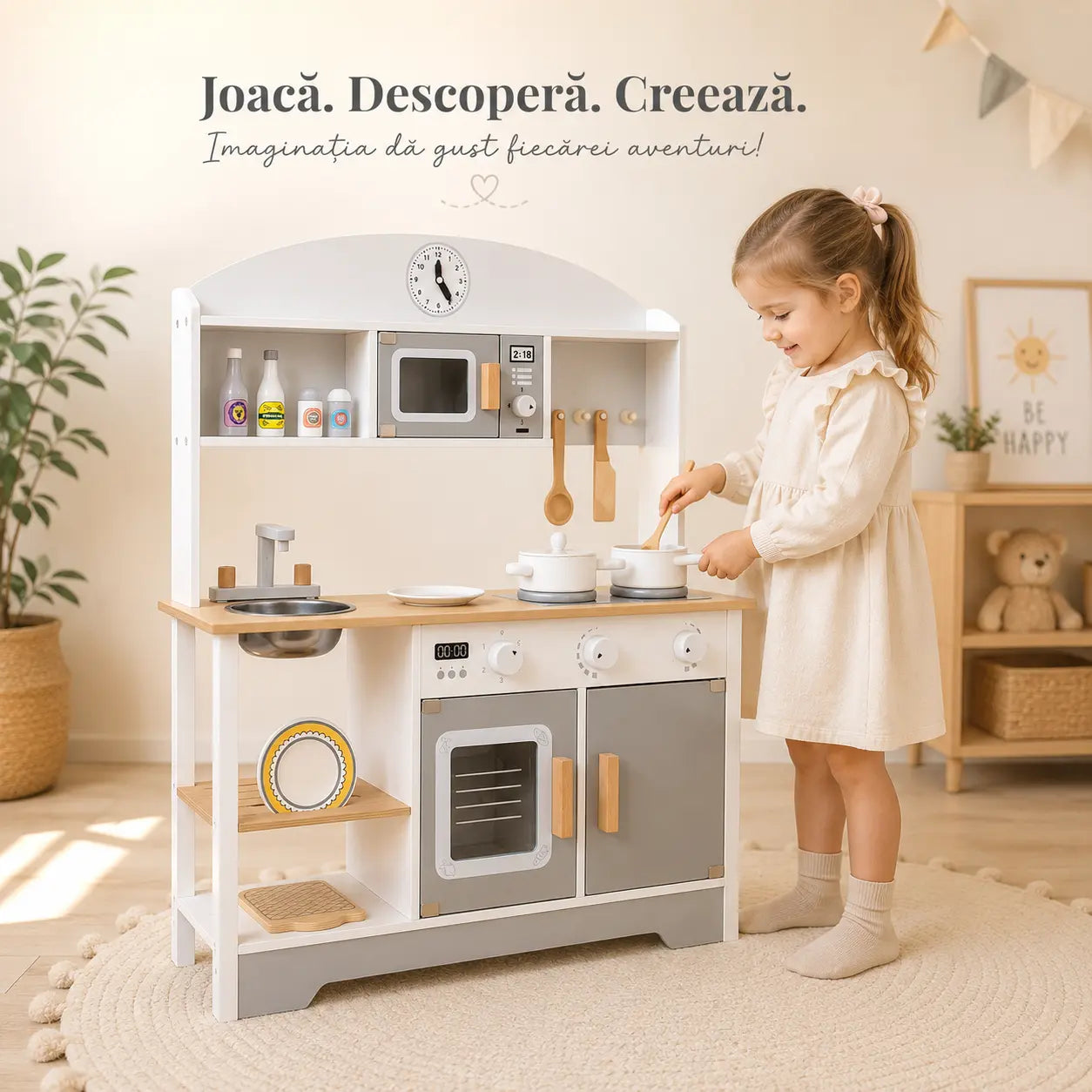 Bucatarie din Lemn pentru Copii, 85 cm – Bucatarie de Joaca cu Cuptor, Chiuveta, Plita, Cuptor cu Microunde si Accesorii