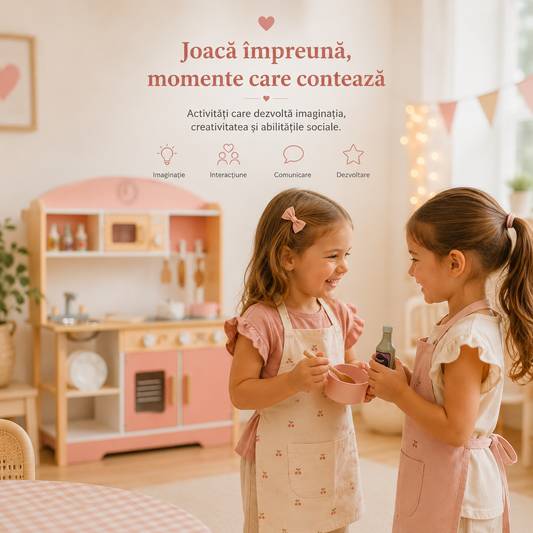 Bucatarie din Lemn pentru Copii, 85 cm, Cuptor, Plita, Chiuveta si Accesorii, Montessori, Alb/Roz