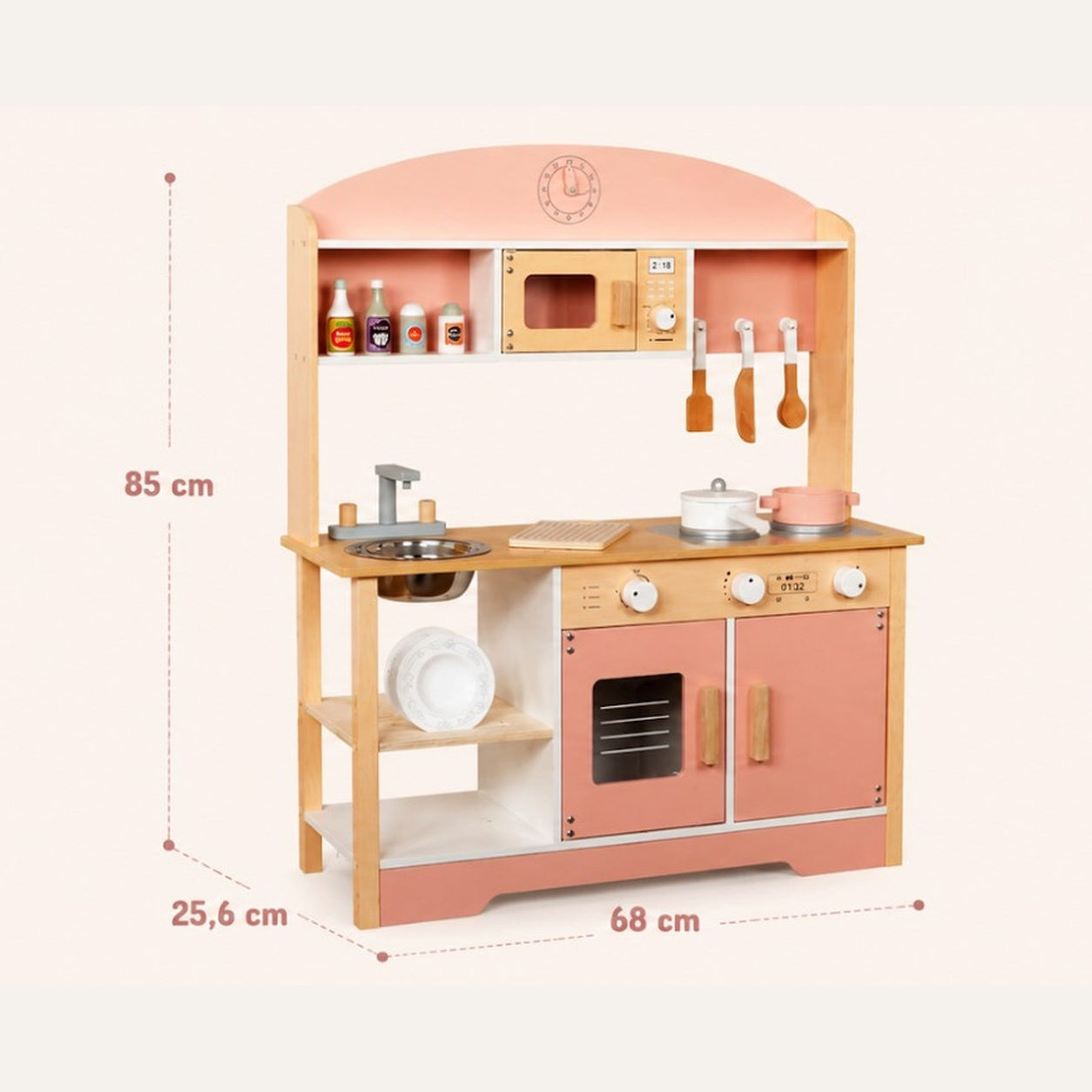 Bucatarie din Lemn pentru Copii, 85 cm, Cuptor, Plita, Chiuveta si Accesorii, Montessori, Alb/Roz