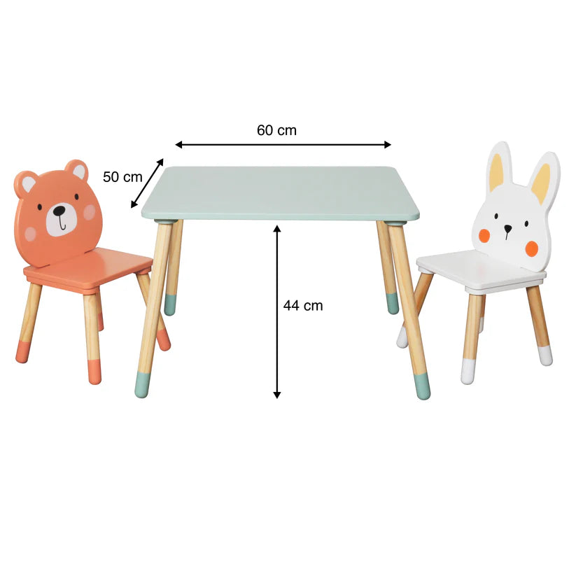 Masuta si 2 Scaune Copii din Lemn Sweet Animals – Set Montessori Bear & Bunny, Design Scandinav, Green Woody