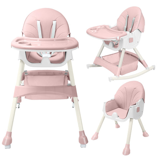 Scaun de Masa Pliabil 4in1 KinderVibe™ 6 Luni +, Multifunctional si Stabil, Tavita si Husa Detasabile si Lavabile, Roti, Centura de Siguranta 5 Puncte, Ajustabil pe Inaltime, Balansoar, Cos de Depozitare, Roz