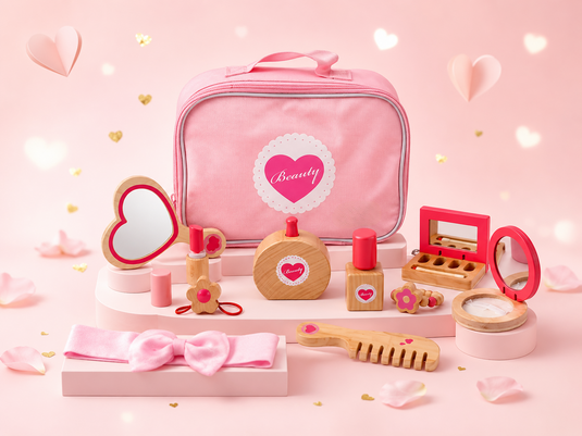 Set de Infrumusetare pentru Fetite, Cosmetic Purse, din Lemn, Include Geanta cu Maner si Fermoar, 10 Accesorii, Calitate Premium, Vopsea pe Baza de Apa, Indiggo®, 3ani+, Roz