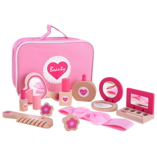 Set de Infrumusetare pentru Fetite, Cosmetic Purse, din Lemn, Include Geanta cu Maner si Fermoar, 10 Accesorii, Calitate Premium, Vopsea pe Baza de Apa, Indiggo®, 3ani+, Roz