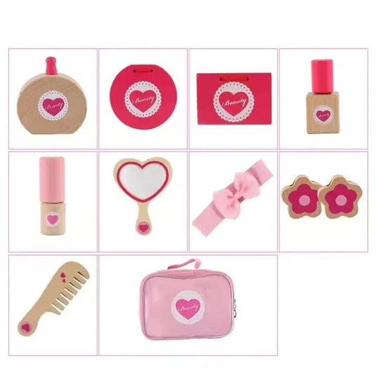 Set de Infrumusetare pentru Fetite, Cosmetic Purse, din Lemn, Include Geanta cu Maner si Fermoar, 10 Accesorii, Calitate Premium, Vopsea pe Baza de Apa, Indiggo®, 3ani+, Roz