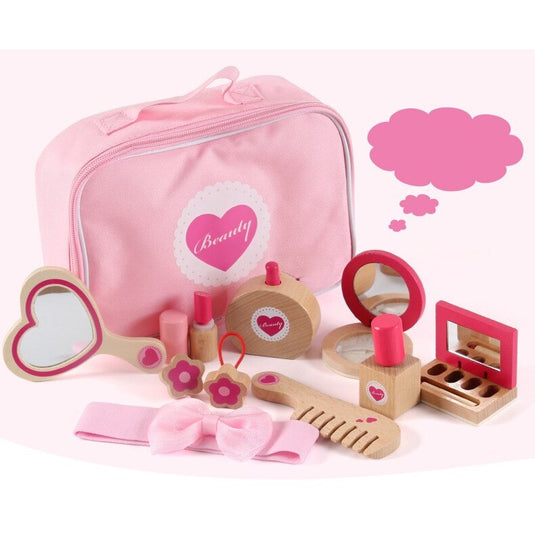 Set de Infrumusetare pentru Fetite, Cosmetic Purse, din Lemn, Include Geanta cu Maner si Fermoar, 10 Accesorii, Calitate Premium, Vopsea pe Baza de Apa, Indiggo®, 3ani+, Roz