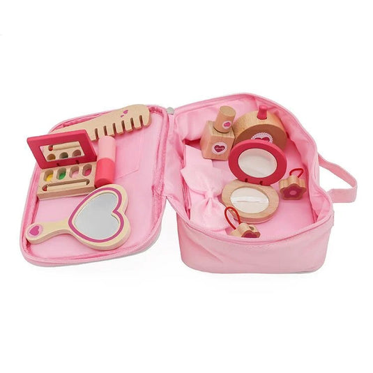 Set de Infrumusetare pentru Fetite, Cosmetic Purse, din Lemn, Include Geanta cu Maner si Fermoar, 10 Accesorii, Calitate Premium, Vopsea pe Baza de Apa, Indiggo®, 3ani+, Roz