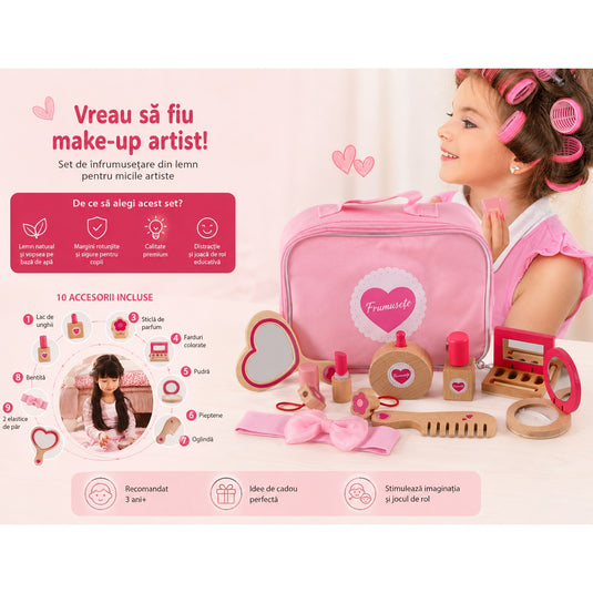 Set de Infrumusetare pentru Fetite, Cosmetic Purse, din Lemn, Include Geanta cu Maner si Fermoar, 10 Accesorii, Calitate Premium, Vopsea pe Baza de Apa, Indiggo®, 3ani+, Roz