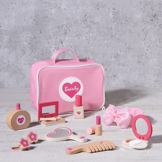 Set de Infrumusetare pentru Fetite, Cosmetic Purse, din Lemn, Include Geanta cu Maner si Fermoar, 10 Accesorii, Calitate Premium, Vopsea pe Baza de Apa, Indiggo®, 3ani+, Roz