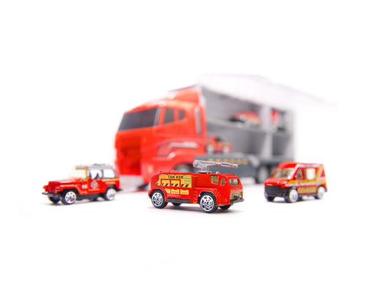 Set de Masinute, Tir Truck, Camion cu 6 Masini de Pompieri, 36 cm Lungime, cu Panou Transparent, Iesire Speciala pentru Masini, Aspect Realist, Red