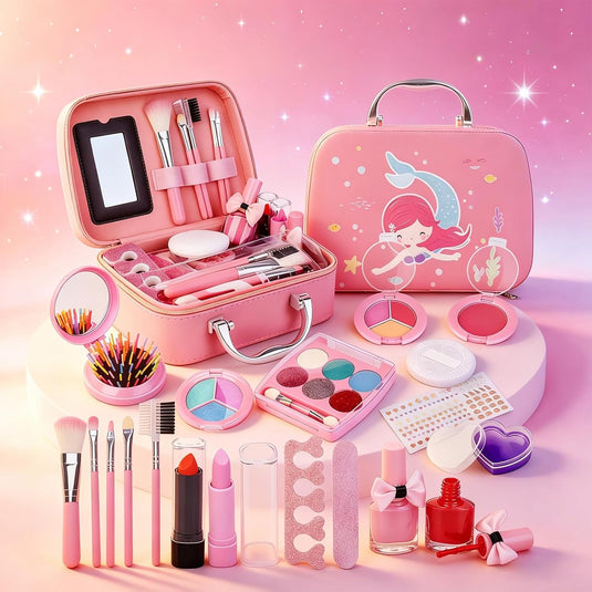 Trusa de Machiaj pentru Fetite, Model Sirena, Include Farduri, 2 Lacuri de Unghii, Pensule, Perie cu Oglinda, 2 Rujuri, Culori Solubile in Apa, Indiggo®, 5ani+, Pink Chic