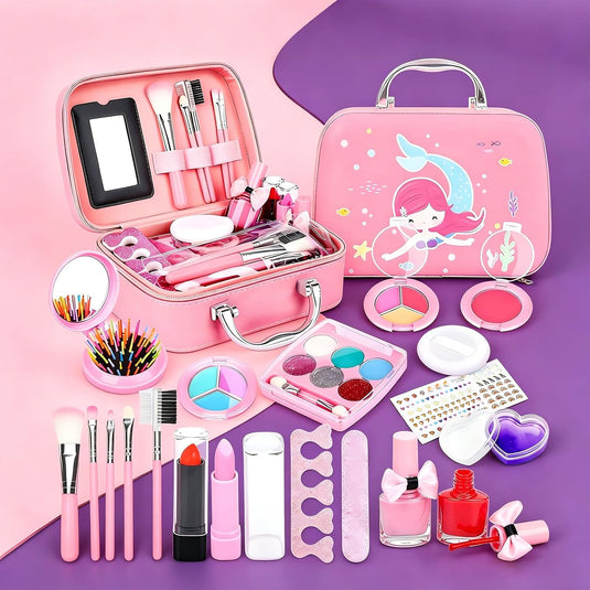 Trusa de Machiaj pentru Fetite, Model Sirena, Include Farduri, 2 Lacuri de Unghii, Pensule, Perie cu Oglinda, 2 Rujuri, Culori Solubile in Apa, Indiggo®, 5ani+, Pink Chic
