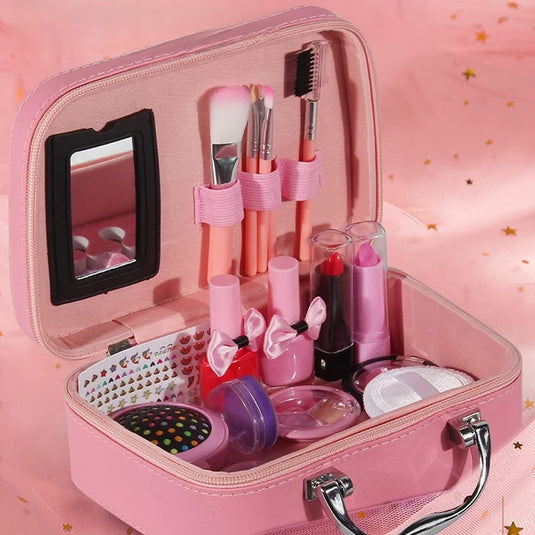 Trusa de Machiaj pentru Fetite, Model Sirena, Include Farduri, 2 Lacuri de Unghii, Pensule, Perie cu Oglinda, 2 Rujuri, Culori Solubile in Apa, Indiggo®, 5ani+, Pink Chic
