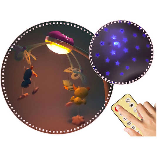 Carusel Muzical pentru Patut SweetSleep KinderVibe™, cu Telecomanda si Functie Cronometru, Proiector si Lumini de Noapte, Melodii Calmante, 4 Jucarii, Lampa LED cu 3 Moduri, Pink