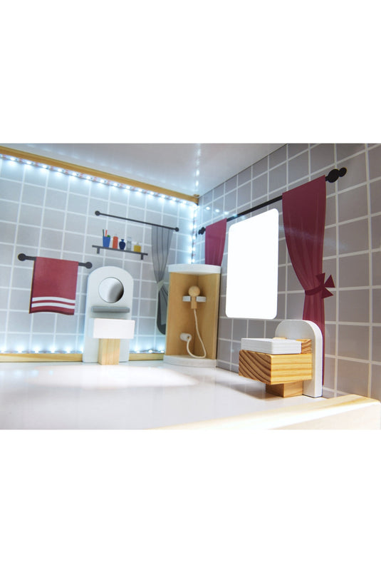 Casuta de Papusi, din Lemn de Calitate, cu Iluminare LED, Dream House, 3 Niveluri, 4 Camere, Terasa si Scari, 16 Piese de Mobilier, Indiggo®, Inaltime 78cm, Alb/Gri
