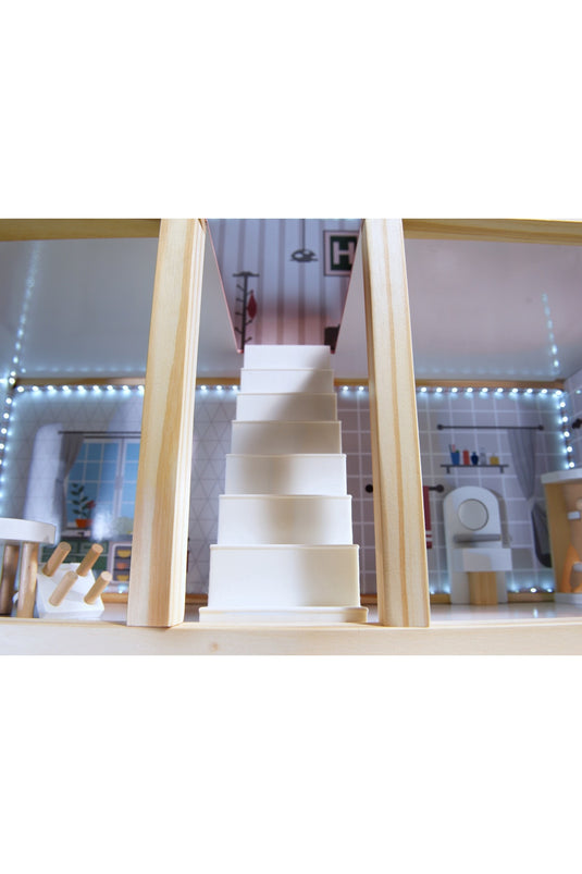 Casuta de Papusi, din Lemn de Calitate, cu Iluminare LED, Dream House, 3 Niveluri, 4 Camere, Terasa si Scari, 16 Piese de Mobilier, Indiggo®, Inaltime 78cm, Alb/Gri