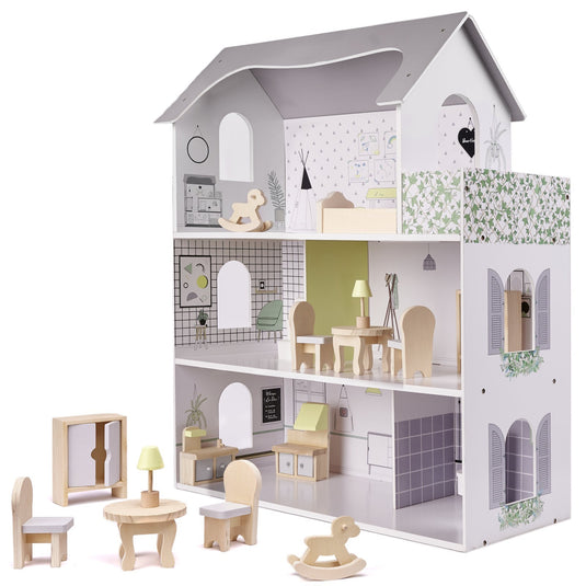 Casuta de Papusi, din Lemn de Calitate, Fancy Villa, 3 Niveluri, 4 Camere, Balcon si Scara Interioara, 10 Piese de Mobilier, Indiggo®, Inaltime 70cm, Natur