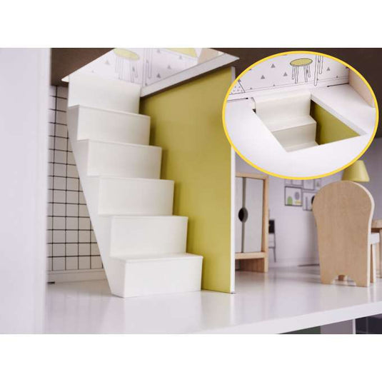 Casuta de Papusi, din Lemn de Calitate, Fancy Villa, 3 Niveluri, 4 Camere, Balcon si Scara Interioara, 10 Piese de Mobilier, Indiggo®, Inaltime 70cm, Natur