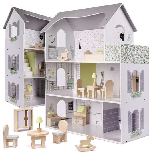 Casuta de Papusi, din Lemn de Calitate, Fancy Villa, 3 Niveluri, 4 Camere, Balcon si Scara Interioara, 10 Piese de Mobilier, Indiggo®, Inaltime 70cm, Natur