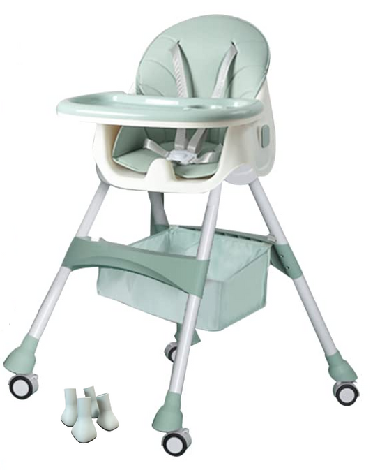 Scaun de Masa Pliabil 4in1 KinderVibe™ 6 Luni +, Multifunctional si Stabil, Tavita si Husa Detasabile si Lavabile, Roti, Centura de Siguranta 5 Puncte, Ajustabil pe Inaltime, Balansoar, Cos de Depozitare, Verde