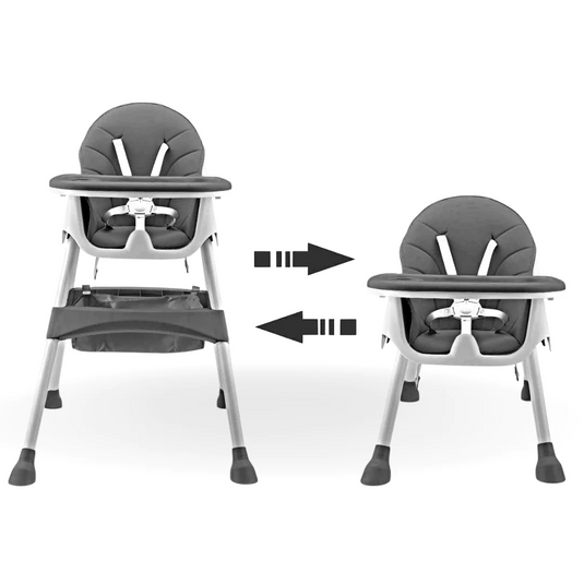 Scaun de Masa Pliabil 4 in 1 KinderVibe™ 6 Luni +, Multifunctional si Stabil, Tavita si Husa Detasabile si Lavabile, Roti, Centura de Siguranta 5 Puncte, Ajustabil pe Inaltime, Balansoar, Cos de Depozitare, Dove Grey