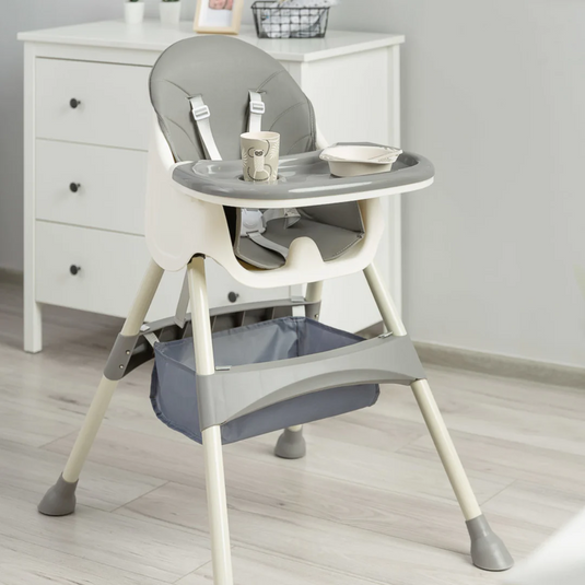 Scaun de Masa Pliabil 4 in 1 KinderVibe™ 6 Luni +, Multifunctional si Stabil, Tavita si Husa Detasabile si Lavabile, Roti, Centura de Siguranta 5 Puncte, Ajustabil pe Inaltime, Balansoar, Cos de Depozitare, Dove Grey