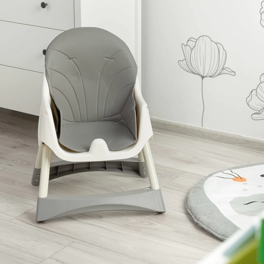 Scaun de Masa Pliabil 4 in 1 KinderVibe™ 6 Luni +, Multifunctional si Stabil, Tavita si Husa Detasabile si Lavabile, Roti, Centura de Siguranta 5 Puncte, Ajustabil pe Inaltime, Balansoar, Cos de Depozitare, Dove Grey