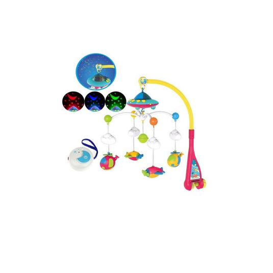 Carusel muzical patut bebelusi cu telecomanda, 3 Moduri Functionare, Volum reglabil, 108 Melodii si Proiector de Veghe Rotativ, Suport fixare Universal "Space Adventures"