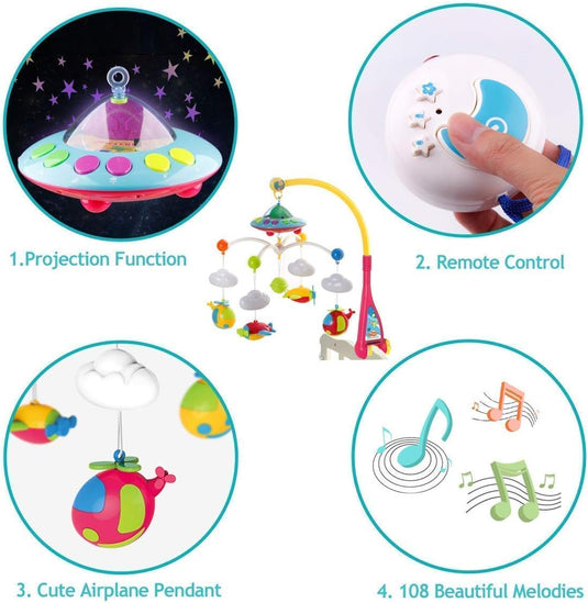 Carusel muzical patut bebelusi cu telecomanda, 3 Moduri Functionare, Volum reglabil, 108 Melodii si Proiector de Veghe Rotativ, Suport fixare Universal "Space Adventures"