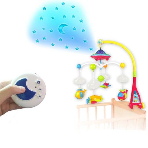 Carusel muzical patut bebelusi cu telecomanda, 3 Moduri Functionare, Volum reglabil, 108 Melodii si Proiector de Veghe Rotativ, Suport fixare Universal "Space Adventures"
