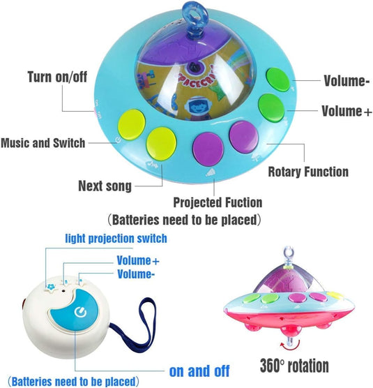 Carusel muzical patut bebelusi cu telecomanda, 3 Moduri Functionare, Volum reglabil, 108 Melodii si Proiector de Veghe Rotativ, Suport fixare Universal "Space Adventures"