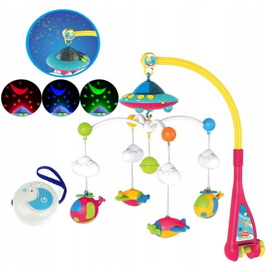 Carusel muzical patut bebelusi cu telecomanda, 3 Moduri Functionare, Volum reglabil, 108 Melodii si Proiector de Veghe Rotativ, Suport fixare Universal "Space Adventures"