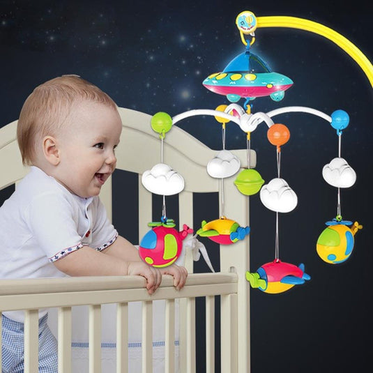 Carusel muzical patut bebelusi cu telecomanda, 3 Moduri Functionare, Volum reglabil, 108 Melodii si Proiector de Veghe Rotativ, Suport fixare Universal "Space Adventures"