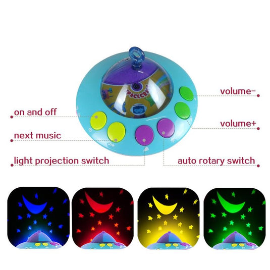 Carusel muzical patut bebelusi cu telecomanda, 3 Moduri Functionare, Volum reglabil, 108 Melodii si Proiector de Veghe Rotativ, Suport fixare Universal "Space Adventures"