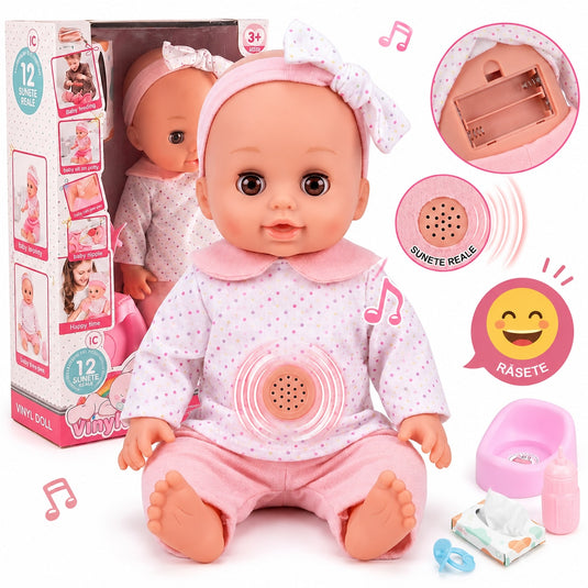 Papusa Bebelus pentru Copii, CuteBaby, cu Cap, Maini si Picioare din Cauciuc, Inchide Ochii, cu Sunete, Haine Detasabile, Biberon, Suzeta, Indiggo, Inaltime 29cm, 3ani+, Pink Blush