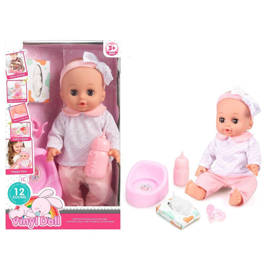 Papusa Bebelus pentru Copii, CuteBaby, cu Cap, Maini si Picioare din Cauciuc, Inchide Ochii, cu Sunete, Haine Detasabile, Biberon, Suzeta, Indiggo, Inaltime 29cm, 3ani+, Pink Blush