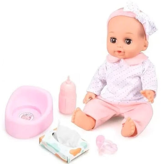 Papusa Bebelus pentru Copii, CuteBaby, cu Cap, Maini si Picioare din Cauciuc, Inchide Ochii, cu Sunete, Haine Detasabile, Biberon, Suzeta, Indiggo, Inaltime 29cm, 3ani+, Pink Blush