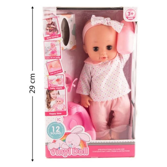 Papusa Bebelus pentru Copii, CuteBaby, cu Cap, Maini si Picioare din Cauciuc, Inchide Ochii, cu Sunete, Haine Detasabile, Biberon, Suzeta, Indiggo, Inaltime 29cm, 3ani+, Pink Blush