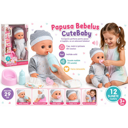 Papusa Bebelus pentru Copii, CuteBaby, cu Cap, Maini si Picioare din Cauciuc, Inchide Ochii, cu Sunete, Haine Detasabile, Biberon, Suzeta, Indiggo, Inaltime 29cm, 3ani+, Grey Blue