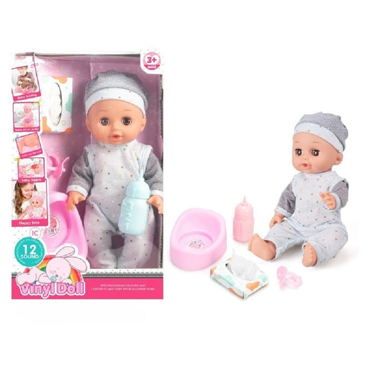 Papusa Bebelus pentru Copii, CuteBaby, cu Cap, Maini si Picioare din Cauciuc, Inchide Ochii, cu Sunete, Haine Detasabile, Biberon, Suzeta, Indiggo, Inaltime 29cm, 3ani+, Grey Blue