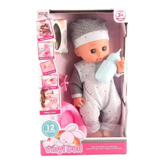 Papusa Bebelus pentru Copii, CuteBaby, cu Cap, Maini si Picioare din Cauciuc, Inchide Ochii, cu Sunete, Haine Detasabile, Biberon, Suzeta, Indiggo, Inaltime 29cm, 3ani+, Grey Blue