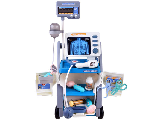 Set de Joaca, Carucior Medical pentru Copii, 15 Piese, cu Sunete, Include Radiografii, Stetoscop, Termometru, Seringa, Portabil, Stimuleaza Imaginatia si Jocul de Rol, Indiggo, 3ani+, Dimensiune 57x23cm, Bleumarin