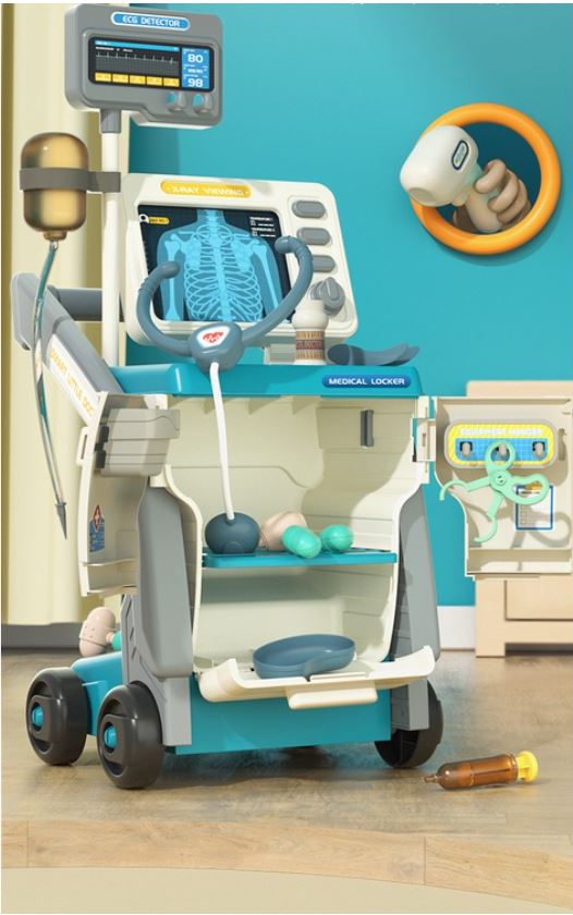 Set de Joaca, Carucior Medical pentru Copii, 15 Piese, cu Sunete, Include Radiografii, Stetoscop, Termometru, Seringa, Portabil, Stimuleaza Imaginatia si Jocul de Rol, Indiggo, 3ani+, Dimensiune 57x23cm, Bleumarin
