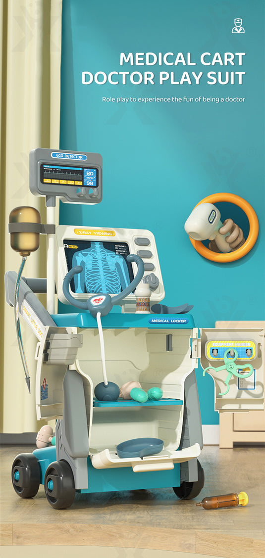 Set de Joaca, Carucior Medical pentru Copii, 15 Piese, cu Sunete, Include Radiografii, Stetoscop, Termometru, Seringa, Portabil, Stimuleaza Imaginatia si Jocul de Rol, Indiggo, 3ani+, Dimensiune 57x23cm, Bleumarin