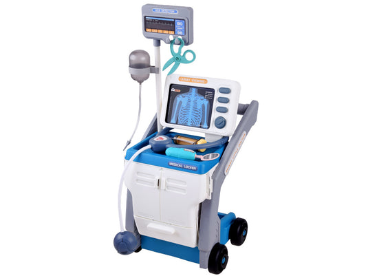 Set de Joaca, Carucior Medical pentru Copii, 15 Piese, cu Sunete, Include Radiografii, Stetoscop, Termometru, Seringa, Portabil, Stimuleaza Imaginatia si Jocul de Rol, Indiggo, 3ani+, Dimensiune 57x23cm, Bleumarin