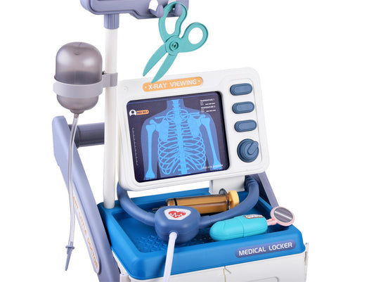Set de Joaca, Carucior Medical pentru Copii, 15 Piese, cu Sunete, Include Radiografii, Stetoscop, Termometru, Seringa, Portabil, Stimuleaza Imaginatia si Jocul de Rol, Indiggo, 3ani+, Dimensiune 57x23cm, Bleumarin