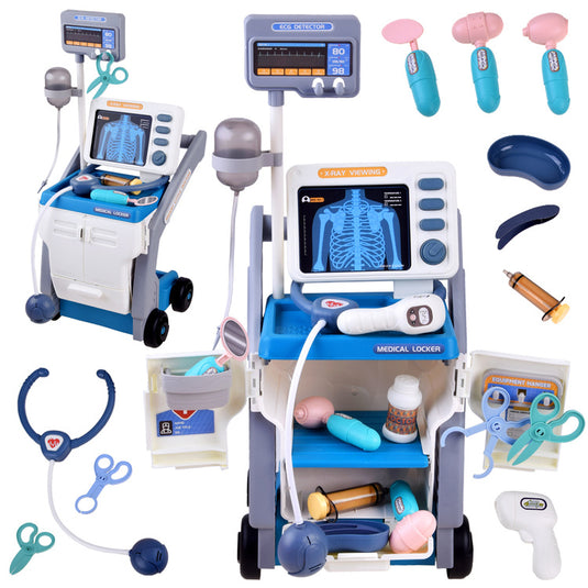 Set de Joaca, Carucior Medical pentru Copii, 15 Piese, cu Sunete, Include Radiografii, Stetoscop, Termometru, Seringa, Portabil, Stimuleaza Imaginatia si Jocul de Rol, Indiggo, 3ani+, Dimensiune 57x23cm, Bleumarin