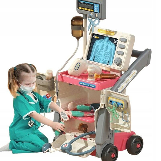 Set de Joaca, Carucior Medical pentru Copii, 15 Piese, cu Sunete, Include Radiografii, Stetoscop, Termometru, Seringa, Portabil, Stimuleaza Imaginatia si Jocul de Rol, Indiggo, 3ani+, Dimensiune 57x23cm, Roz