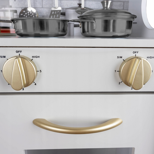 Set Bucatarie pentru Copii din Lemn Natural, FrenchCuisine, KinderVibe, Spot LED, Elemente Detasabile, Set Ustensile, Cuptor cu Butoane, Telefon, Plita, Microunde, Chiuveta, 80.5 CM Inaltime, Alb/Auriu