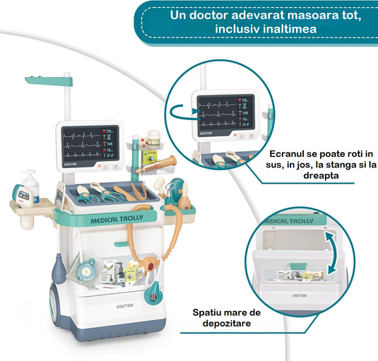 Set de Joaca, Carucior Medical pentru Copii, 26 Piese, cu Sunete, Include Radiografii, Stetoscop, Termometru, Seringa, Portabil, Stimuleaza Imaginatia si Jocul de Rol, Indiggo, 3ani+, Dimensiune 115x46.5cm, Turcoaz