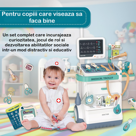 Set de Joaca, Carucior Medical pentru Copii, 26 Piese, cu Sunete, Include Radiografii, Stetoscop, Termometru, Seringa, Portabil, Stimuleaza Imaginatia si Jocul de Rol, Indiggo, 3ani+, Dimensiune 115x46.5cm, Turcoaz